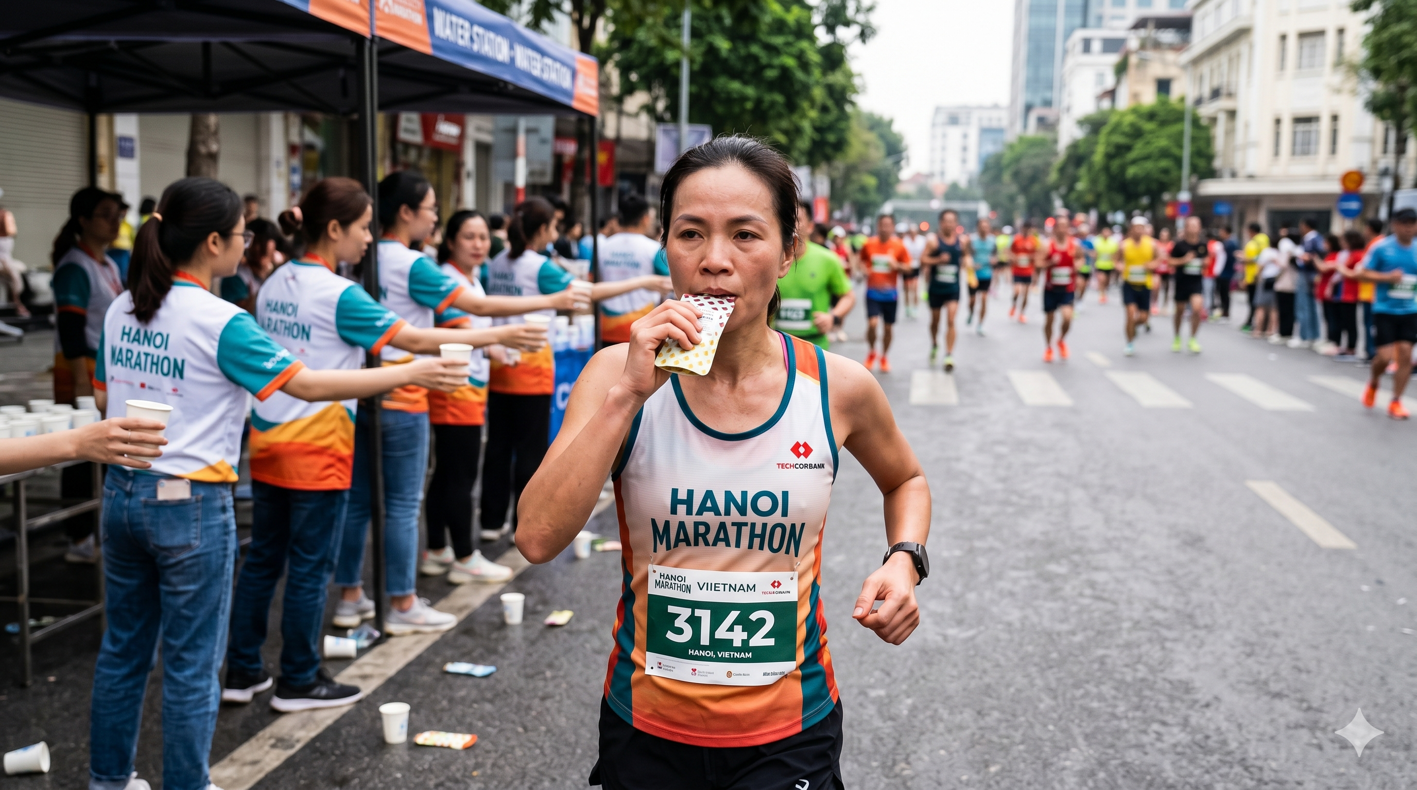 Nạp gel tại trạm nước — Hanoi Marathon