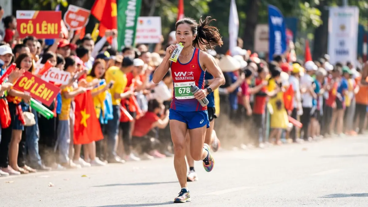 Runner đang ăn gel năng lượng giữa cuộc đua VN Marathon — chiến thuật nạp năng lượng theo nhịp là chìa khoá tránh đụng tường