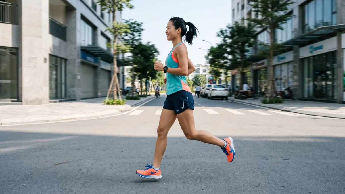 Runner chạy Easy run trên đường phố với form chuẩn — vùng Easy chiếm 80% tổng thời gian tập