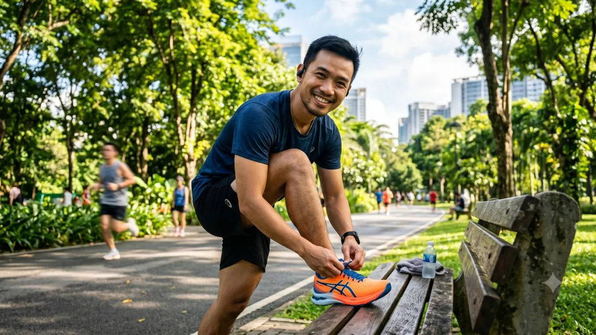 Runner buộc giày sẵn sàng bắt đầu lộ trình chinh phục Half Marathon trong công viên
