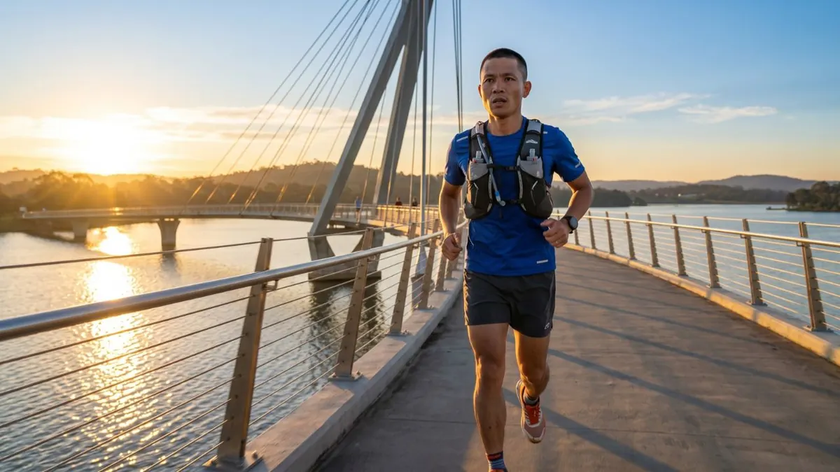 Runner chạy Long run trên cầu lúc bình minh — buổi chạy dài cuối tuần là buổi tập then chốt cho Half Marathon