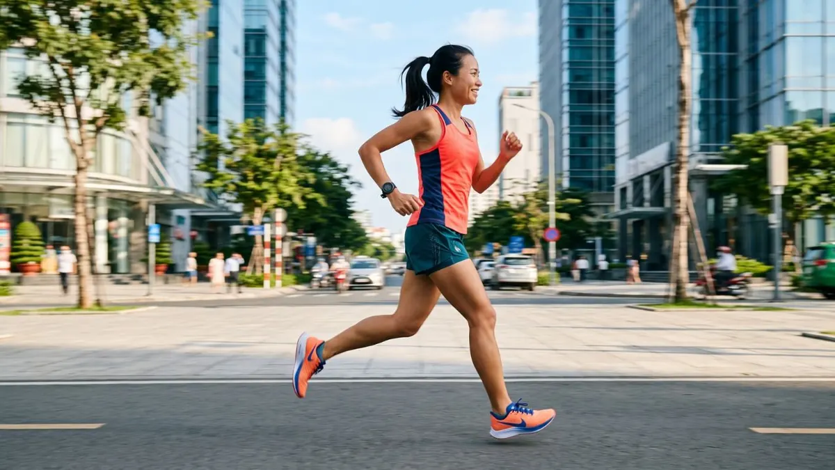 Runner chạy Tempo với form chạy nhanh và tập trung — buổi Tempo là chìa khoá để phá Sub 2 giờ