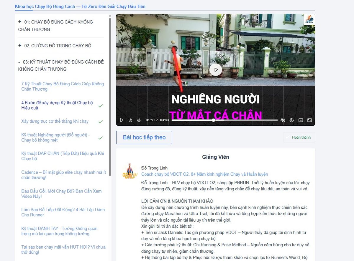 Giao diện khoá học Chạy Bộ Đúng Cách trên điện thoại và máy tính