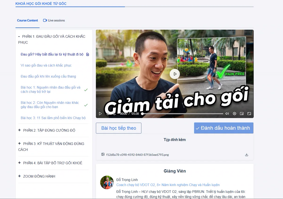 Giao diện bên trong khoá Gối Khoẻ Từ Gốc: danh sách bài học bốn phần và bài giảng Giảm tải cho gối