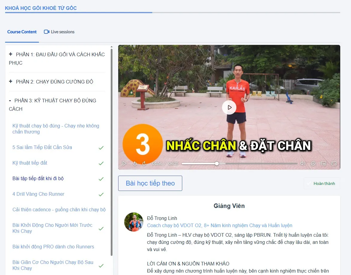 Giao diện khoá học Gối Khoẻ Từ Gốc trên Linh Academy
