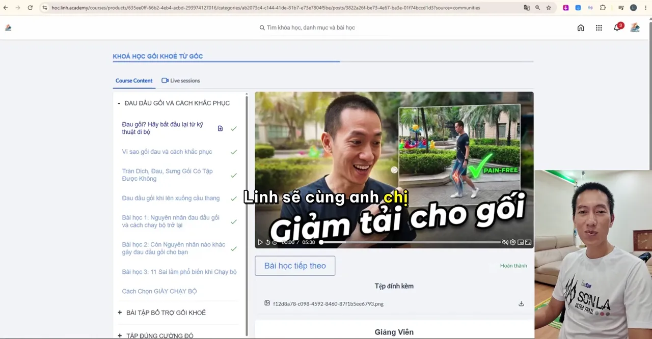 Giao diện thật bên trong khoá học Gối Khoẻ Từ Gốc, coach Linh giới thiệu lộ trình